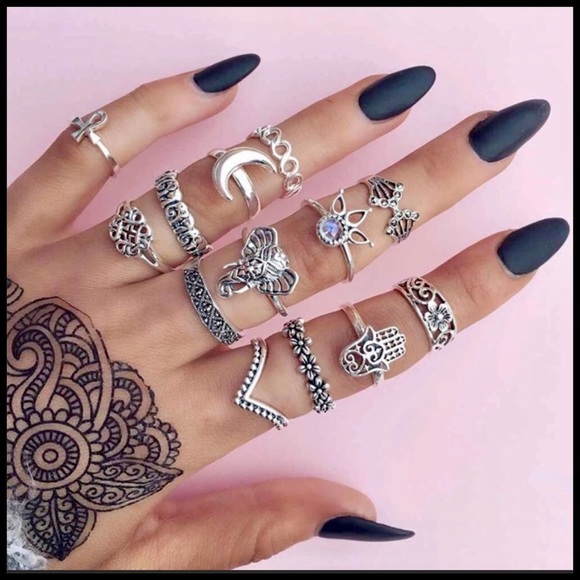 13 Piece BoHo Antiqued Silver Midi-Ring Set - Picture 4 of 12